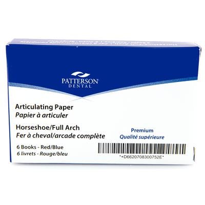 Patterson® Premium Articulating Paper, Thin 63 Microns, Red/Blue, Horseshoe, 12 Sheets/Book, 6 Books/Box