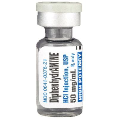 Diphenhydramine Hydrochloride Injection, 50 mg/ml, 1 ml Vials, 25/Pkg, NDC 00641-0376-25