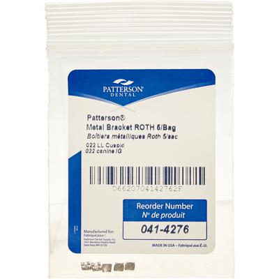 Patterson® A Roth Metal Twin Brackets – .022, 5/Pkg - LL3, Lower Left Cuspid, Without Hooks