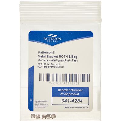 Patterson® A Roth Metal Twin Brackets – .022, 5/Pkg - LR4, Lower Right First Bicuspid, Without Hooks