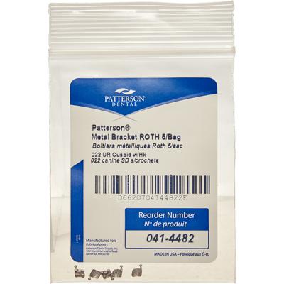Patterson® A Roth Metal Twin Brackets, .022 Slot, Upper Right Cuspid (UR3), With Hooks, 5/Pkg