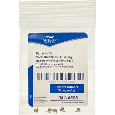 Patterson® A Roth Metal Twin Brackets, .022 Slot, Upper Right Bicuspids (UR4-5), With Hooks, 5/Pkg