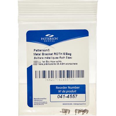 Patterson® A Roth Metal Twin Brackets, .022 Slot, Lower Left First Bicuspid (LL4), With Hooks, 5/Pkg