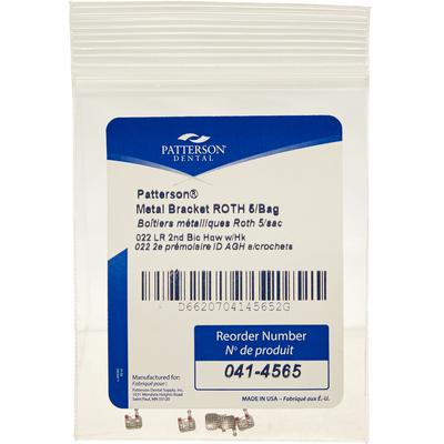 Patterson® A Roth Metal Twin Brackets, .022 Slot, Lower Right Second Bicuspid (LR5), With Hooks, 5/Pkg