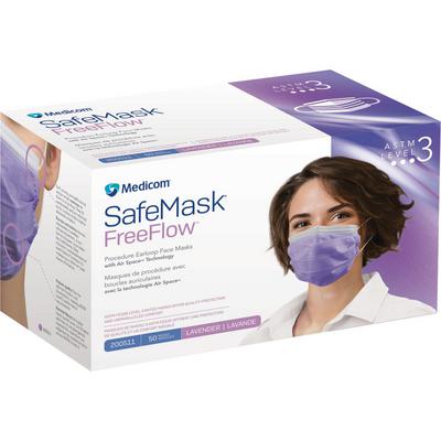 Medicom SafeMask FreeFlow Procedure Earloop Face Masks, ASTM F2100 Level 3, Lavender, 50/Box