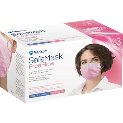 Medicom SafeMask FreeFlow Procedure Earloop Face Masks, ASTM F2100 Level 3, Pink, 50/Box