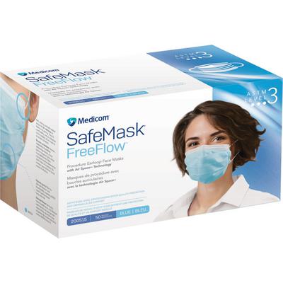 Medicom SafeMask FreeFlow Procedure Earloop Face Masks, ASTM F2100 Level 3, Blue, 50/Box