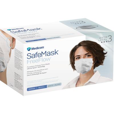 Medicom SafeMask FreeFlow Procedure Earloop Face Masks, ASTM F2100 Level 3, White, 50/Pkg