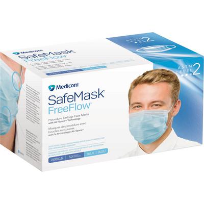 Medicom SafeMask FreeFlow Procedure Earloop Face Masks, ASTM F2100 Level 2, Blue, 50/Pkg