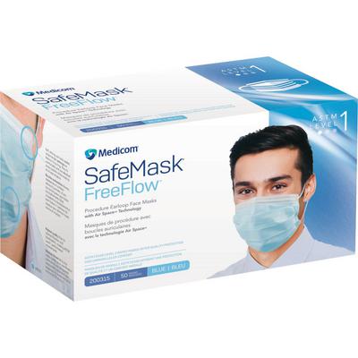 Medicom SafeMask FreeFlow Procedure Earloop Face Masks, ASTM F2100 Level 1, Blue, 50/Pkg