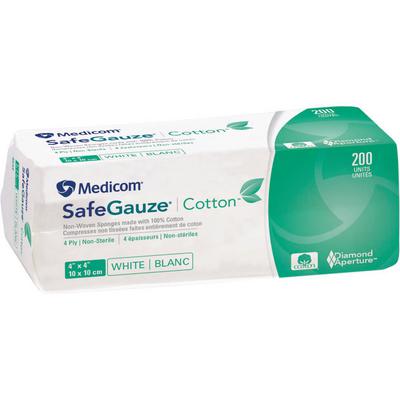 SafeGauze® Cotton™ Nonwoven Sponges, 4" x 4", 4-Ply, Nonsterile, 2000/Pkg (10 bags of 200)