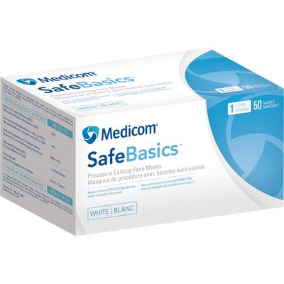 SafeBasics™ Earloop Procedure Masks, ASTM Level 1, Fluid-Resistant, Latex-Free, White, 50/Box