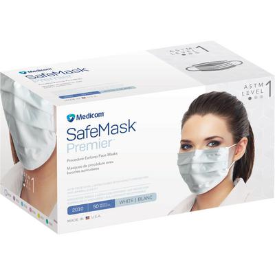 Safe+Mask® Premier Low Barrier Masks, ASTM Level 1, Fluid-Resistant, Ear Loops, White, 50/Box