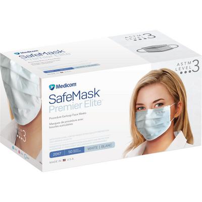 SafeMask® Premier Elite Earloop Face Masks, ASTM Level 3, Latex Free, Fluid-Resistant, White, 50/Box