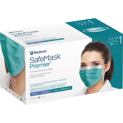 Safe+Mask® Premier Low Barrier Face Masks, ASTM Level 1, Fluid-Resistant, Teal, Ear Loops, 50/Box