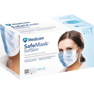 Safe+Mask® SofSkin® Procedure Earloop Masks, ASTM Level 1, Fluid-Resistant, Latex-Free, Blue, 50/Box, 2043