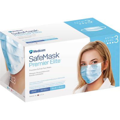 SafeMask® Premier Elite Earloop Face Masks, ASTM Level 3, Latex Free, Fluid-Resistant, Blue, 50/Pkg