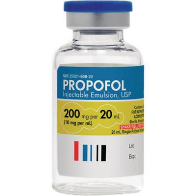 Propofol Injectable Emulsion 10 mg/mL, 20 mL Single-Dose Glass Vial, 25/Pkg, NDC 25021-0608-20