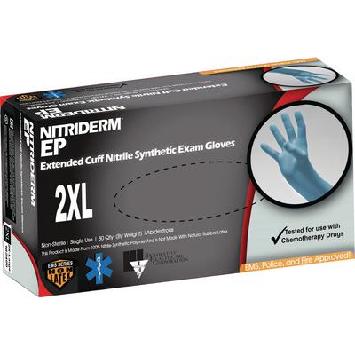 NitriDerm® EP Nitrile Exam Gloves, Powder Free, Latex Free, Non-Sterile, Blue, 2XL, Textured, Extended Cuff, 80/Box