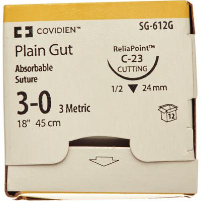 Medtronic Surgigut Absorbable Plain Gut Suture, Size 3-0, 18" Length, C-23 1/2 Circle Reverse Cutting Needle, 36/Pkg