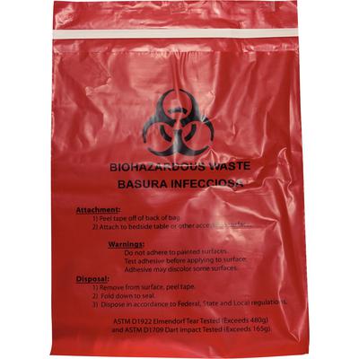 Unimed-Midwest Stick-On Biohazard Waste Bags, Red, 12" x 14", 2.6 Quart, 100/Bx