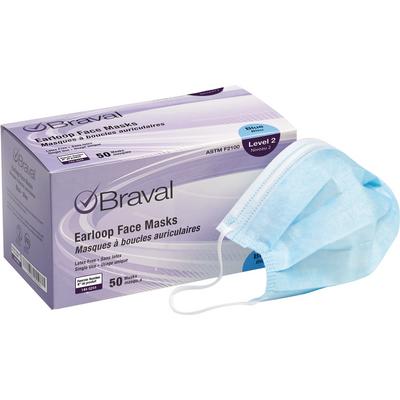 Braval Earloop Face Masks, Latex Free, ASTM Level 2, Fluid-Resistant, Blue, 50/Pkg, 10 Pkg/Case