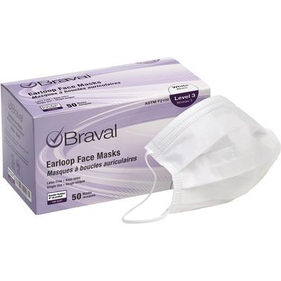 Braval Earloop Face Masks, Latex Free, ASTM Level 3, Fluid-Resistant, White, 50/Pkg, 10 Pkg/Case