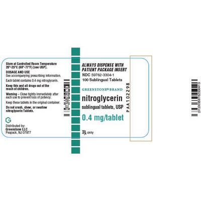 Nitroglycerin Sublingual Tablets, 0.4 mg, 100/Bottle, NDC 59762-3304-01