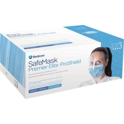 SafeMask Premier Elite ProShield Earloop Face Mask with Visor, ASTM Level 3, Latex Free, Blue, 25/Pkg