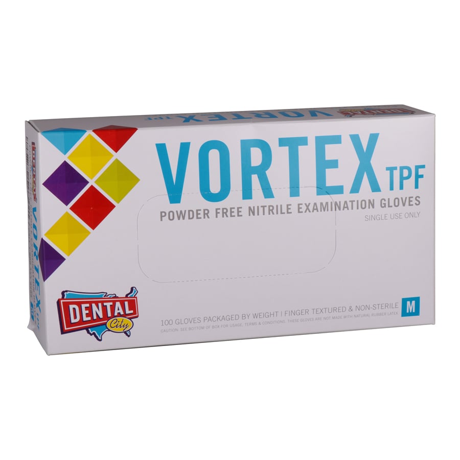 Dental City Vortex TPF Nitrile Powder Free Examination Gloves, Medium, Blue, 100/Box