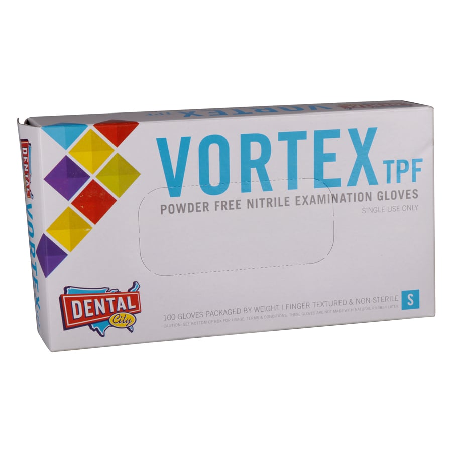 Dental City Vortex TPF Nitrile Powder Free Examination Gloves, Small, Blue, 100/Box