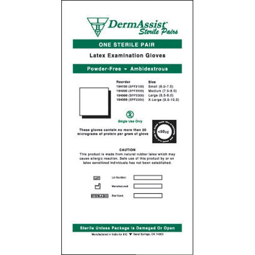 DermAssist Sterile Powder-Free Latex Exam Gloves, Extra-Large, Textured, 50 Pairs/Box, 104350