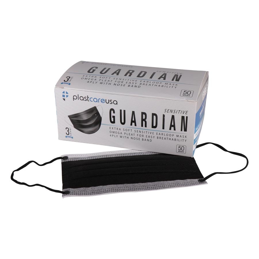 Plastcare USA Guardian ASTM Level 3 Earloop Mask, Black, 4-Ply, Super Soft, 50/Box