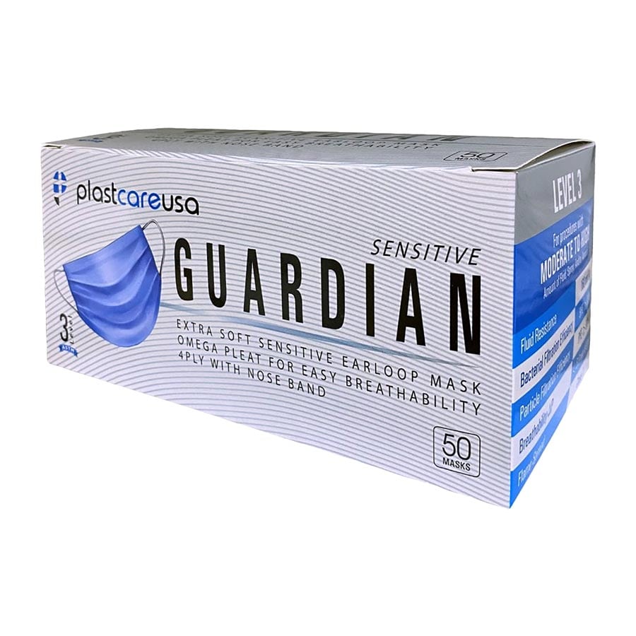 Plastcare Guardian Earloop Masks, Blue, 4-Ply, Super Soft, ASTM Level 3, 50/Box