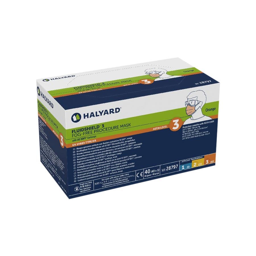 Halyard Fluidshield 3 Fog Free Procedure Earloop Mask, ASTM Level 3, Orange, 40/Box