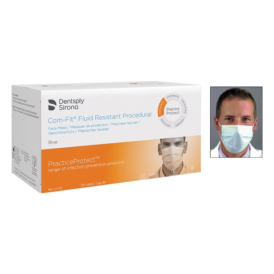 Com-Fit Fluid Resistant Procedural Mask, ASTM Level 2, Blue Ear-Loop, 99% PFE, 50/Box, #20324