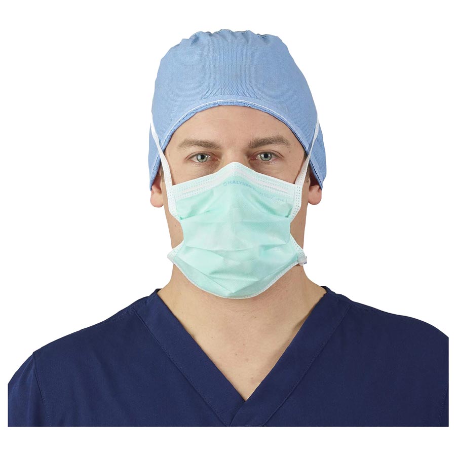 Halyard Anti-Fog Surgical Mask, Pleated Style with Ties, Green, 50/Box, 49235