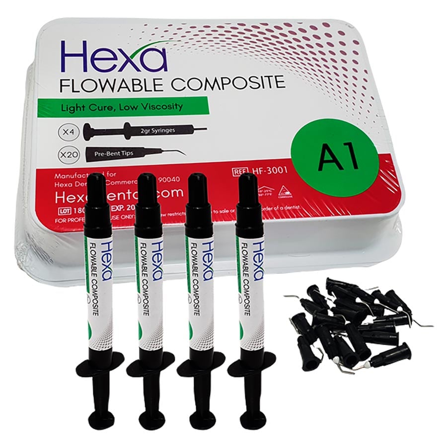 Hexa Flowable Composite A1, 2 gm Syringes, 4/Kit with 20 Bent Tips, Light Cure, HF-3001
