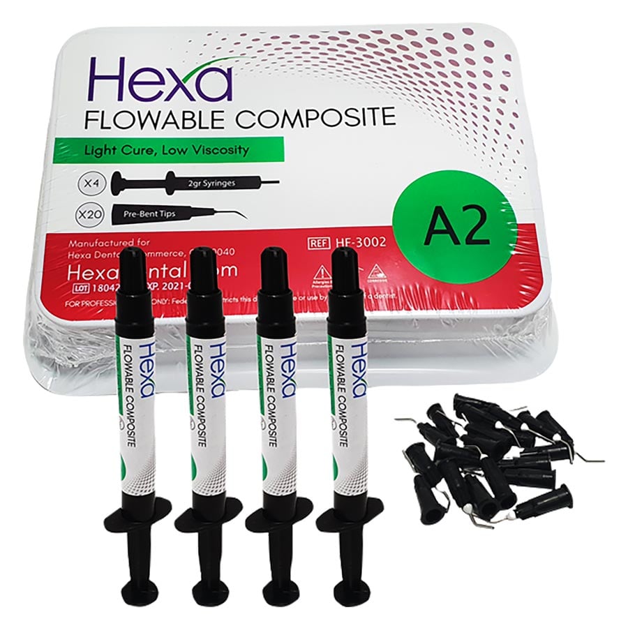 Hexa Flowable Composite A2, 4 x 2g Syringes with 20 Bent Tips, Light Cure, HF-3002
