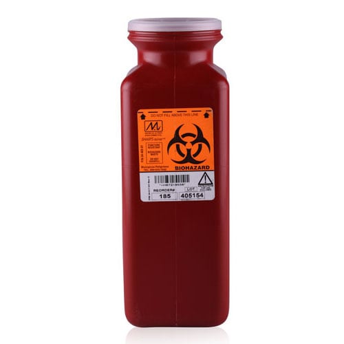 Medegen Sharps-Tainer Nonstackable Sharps Container, Polypropylene, Red, Tall Tray, Locking Cap, 1.7 Qt, 3.5"D x 3.5"W x 10"H, Model 185