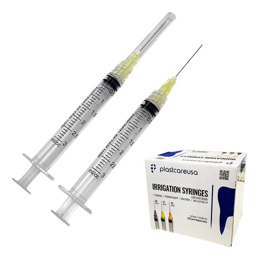 Plastcare USA Pre-Tipped Endodontic Syringe, 3cc, 27 Gauge Notched Open-Ended Needle, 100/Box, S3CC27G KIT