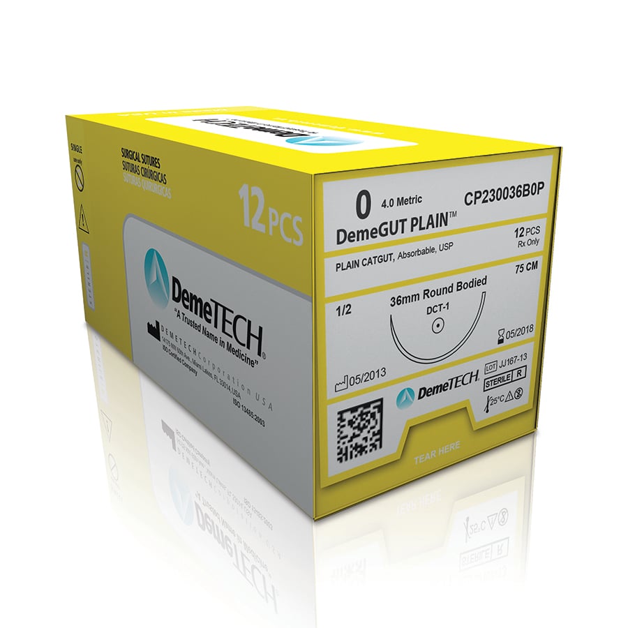 Demetech Plain Gut Sutures, 4-0, DP-3, 13mm 3/8 Circle Needle, 18" (45cm), 12/Box, DT-1644-1