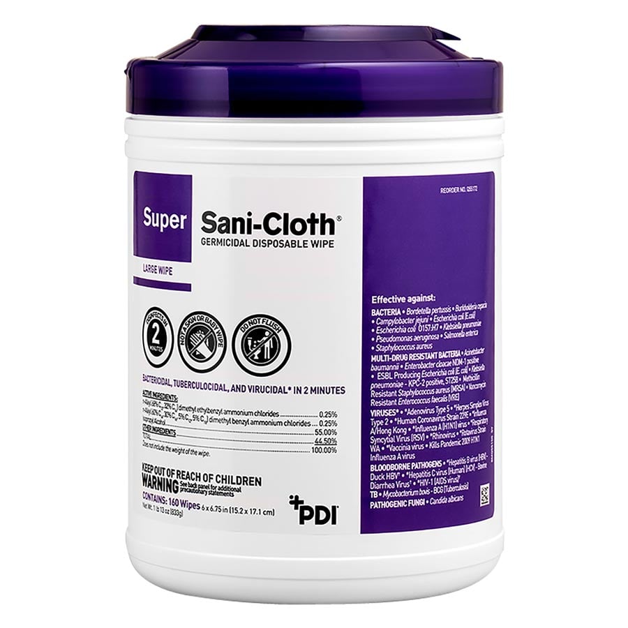 PDI Super Sani-Cloth Germicidal Disposable Wipes, Large, 6" x 6.75", 160 Wipes/Canister, Q55172