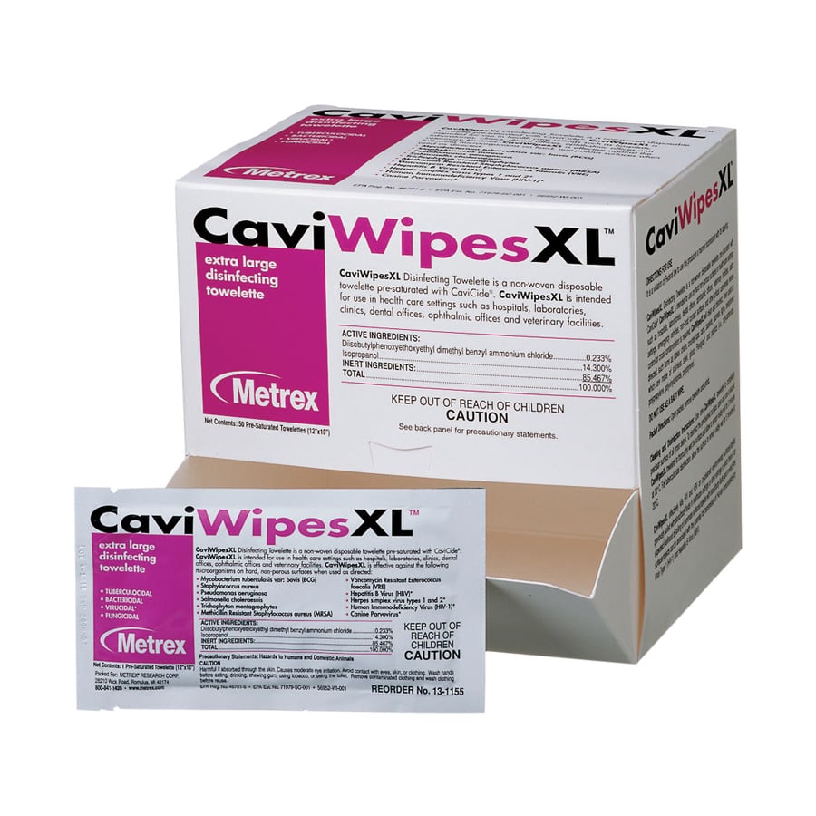 CaviWipesXL™ Surface Disinfectant Towelette Wipes, 9" x 12", Individually Wrapped, 50/Box, 13-1155