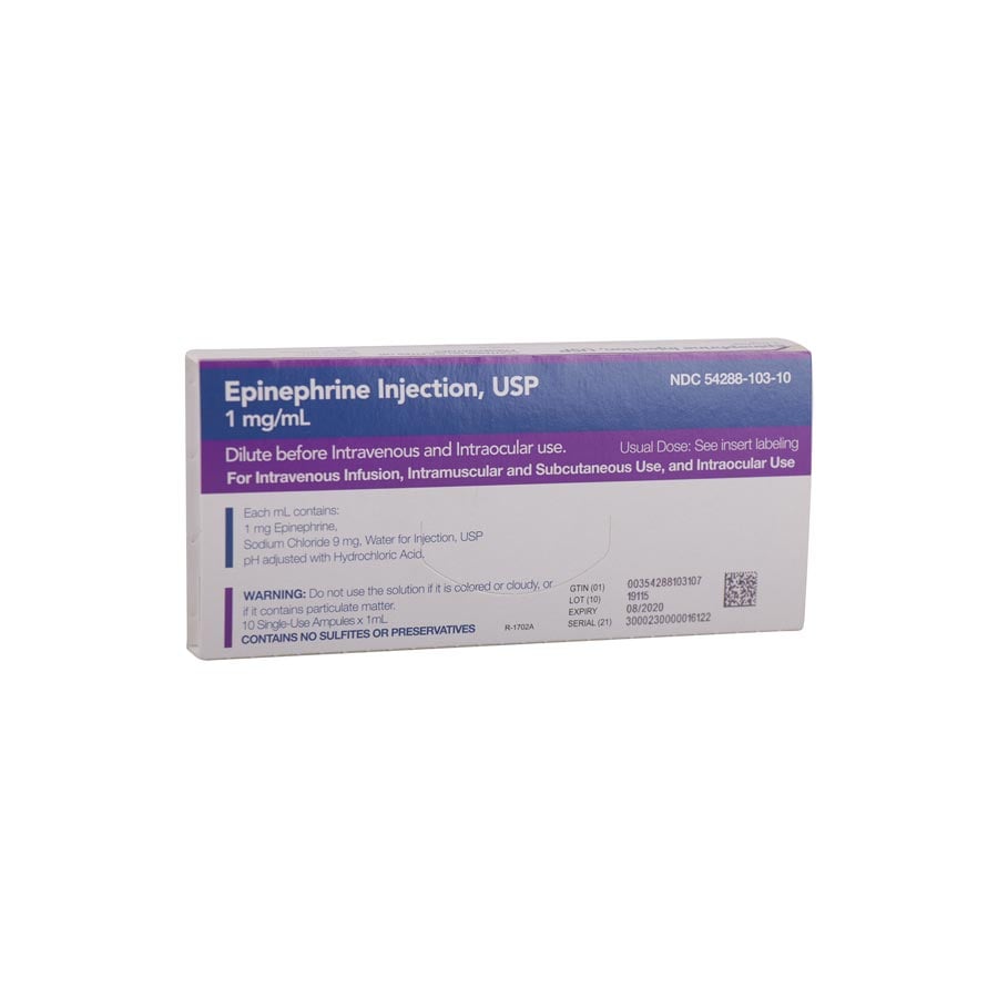 Epinephrine Injection Ampules 1:1000, 1 mL, 10/Box, 1289991