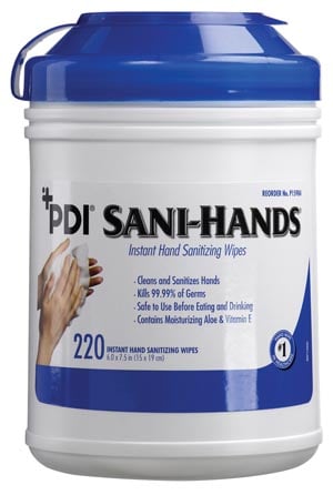 PDI Sani-Hands Instant Hand Sanitizing Wipes, 70% Ethanol, 7.5" x 5", 300 Wipes/Can, 6 Cans/Case, P92084
