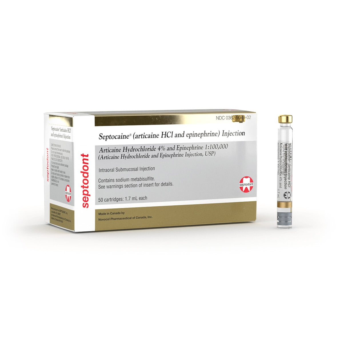 Septocaine (Articaine HCl 4% with Epinephrine 1:100,000) Dental Anesthetic Cartridges, 1.7 mL, 50/Box, Gold, 01-A1400
