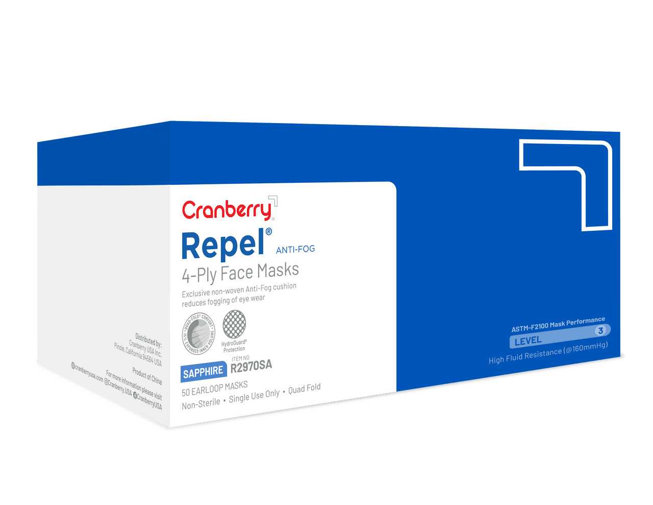 Cranberry Repel Anti-Fog 4-Ply Earloop Face Mask, ASTM Level 3, Sapphire, 50/Box, R2970SA