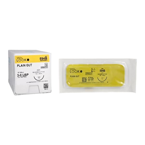 Look/Sharpoint Plain Gut Absorbable Suture, 3-0, 18" (45 cm), C-31 Reverse Cutting Needle, 24 mm, 1/2 Circle, Beige, 12/Box, 594B
