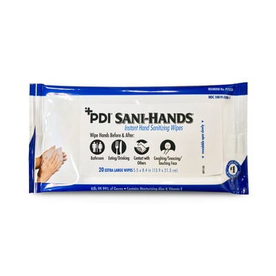 PDI Sani-Hands Instant Hand Sanitizing Wipes, Bedside Pack, 8.4" x 5.5", 20/Pk, 70% Ethyl Alcohol, P71520